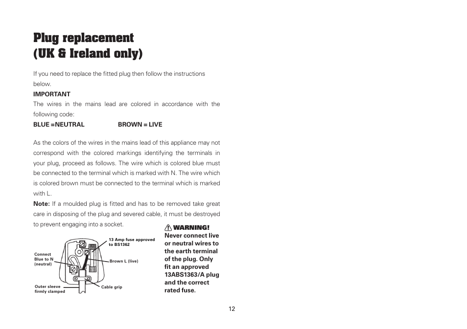 Plug replacement (uk & ireland only) | WORX Tools WU433 User Manual | Page 12 / 100