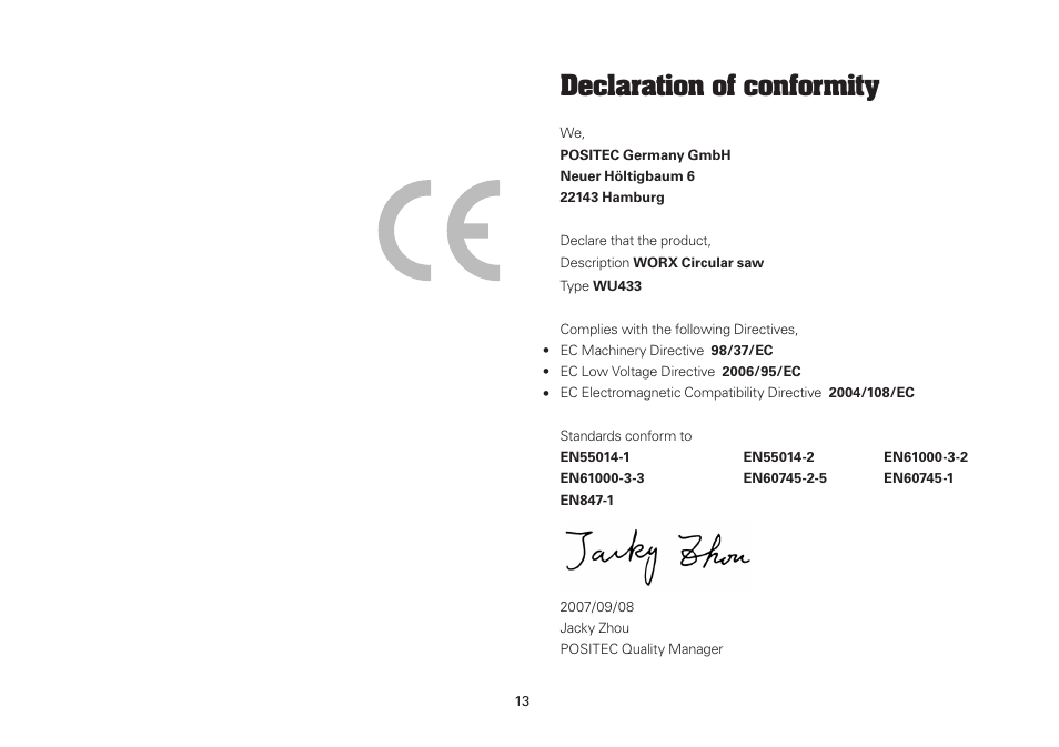 Declaration of conformity | WORX Tools WU433 User Manual | Page 13 / 100