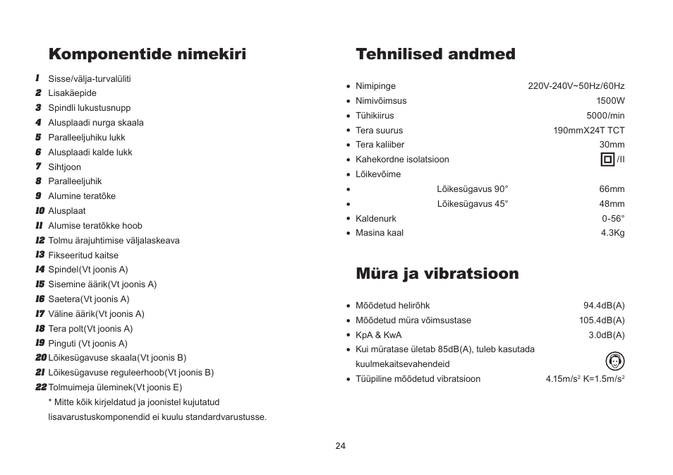 Komponentide nimekiri, Müra ja vibratsioon, Tehnilised andmed | WORX Tools WU433 User Manual | Page 24 / 100