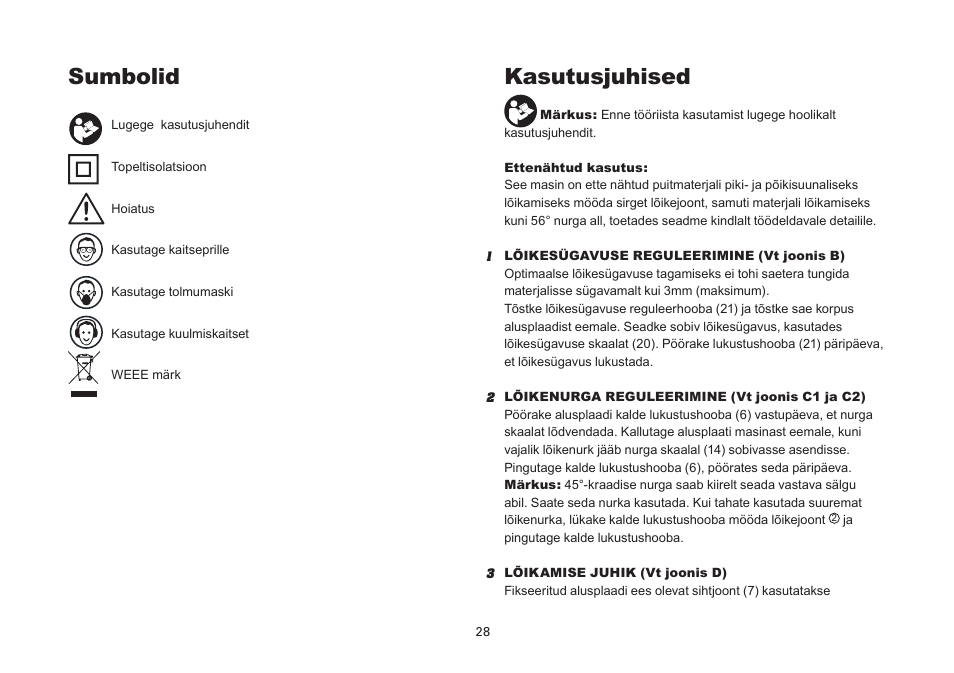 Sumbolid, Kasutusjuhised | WORX Tools WU433 User Manual | Page 28 / 100