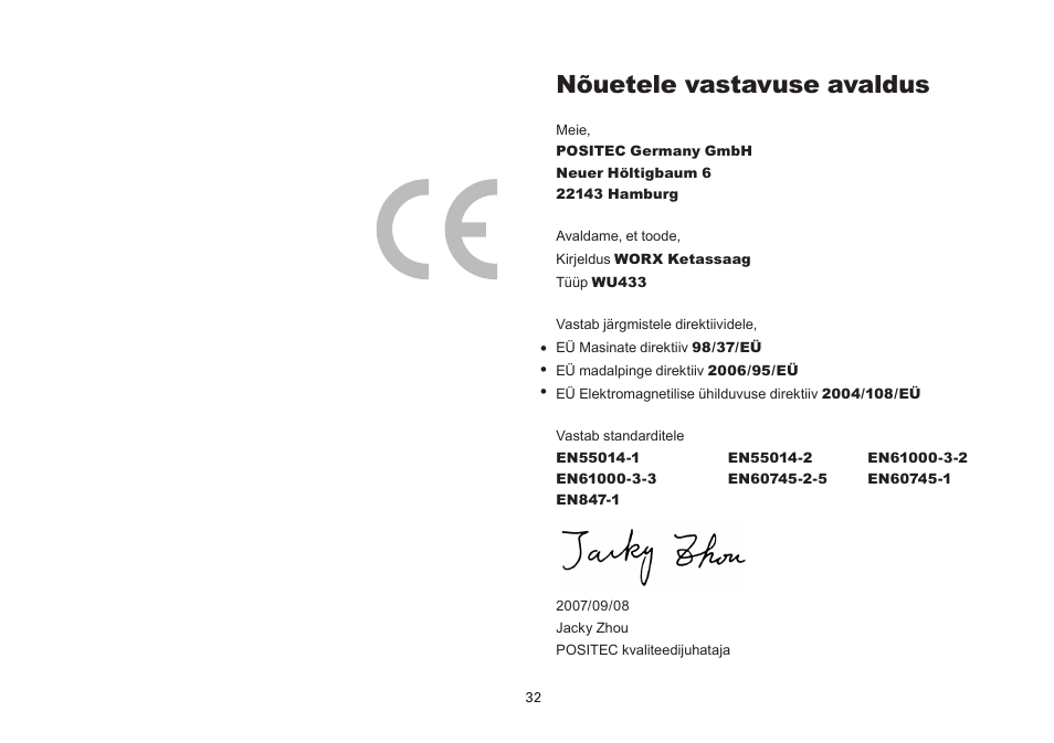 Nõuetele vastavuse avaldus | WORX Tools WU433 User Manual | Page 32 / 100