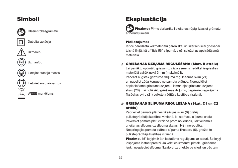 Simboli, Ekspluatācija | WORX Tools WU433 User Manual | Page 37 / 100