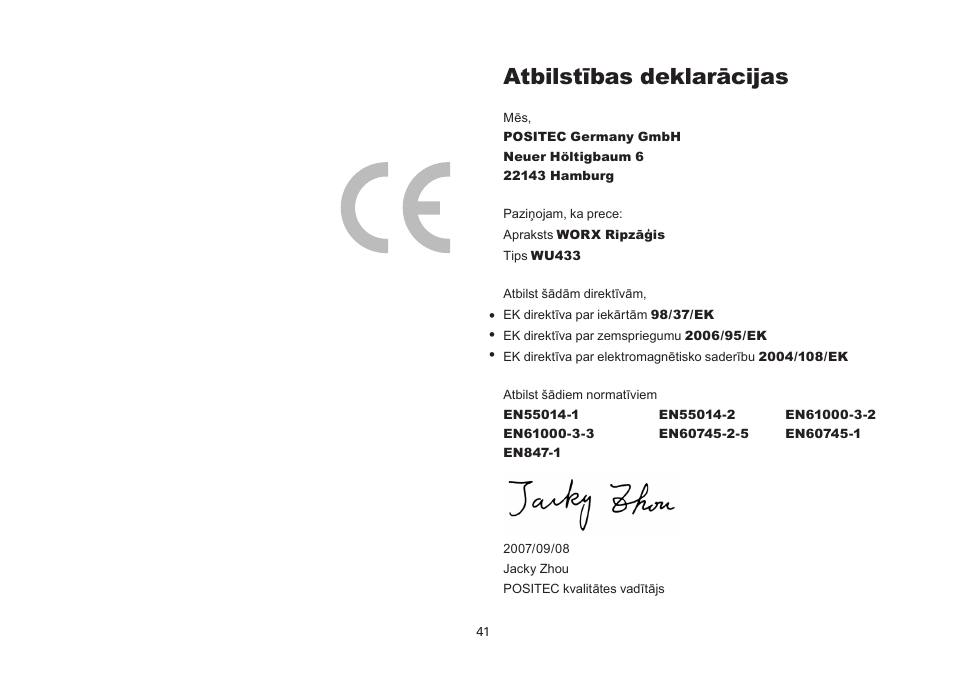 Atbilstības deklarācijas | WORX Tools WU433 User Manual | Page 41 / 100