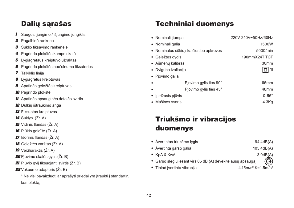 Dalių sąrašas, Triukšmo ir vibracijos duomenys, Techniniai duomenys | WORX Tools WU433 User Manual | Page 42 / 100