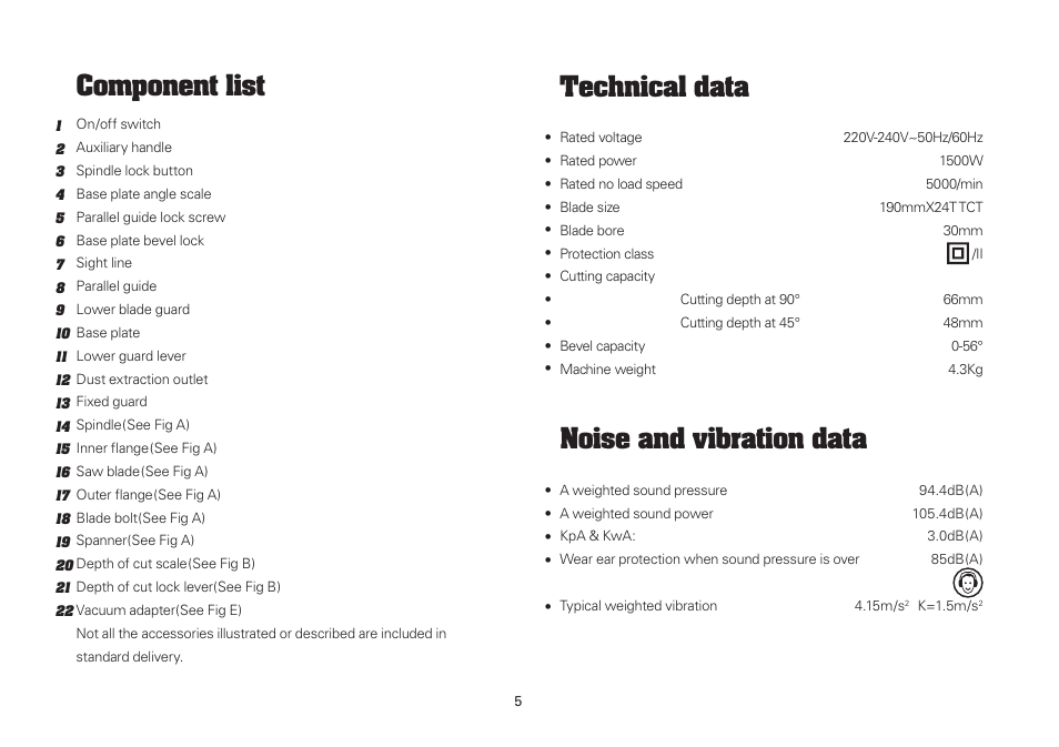 Component list, Noise and vibration data, Technical data | WORX Tools WU433 User Manual | Page 5 / 100