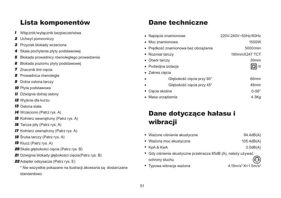 Lista komponentów, Dane dotyczące hałasu i wibracji, Dane techniczne | WORX Tools WU433 User Manual | Page 51 / 100