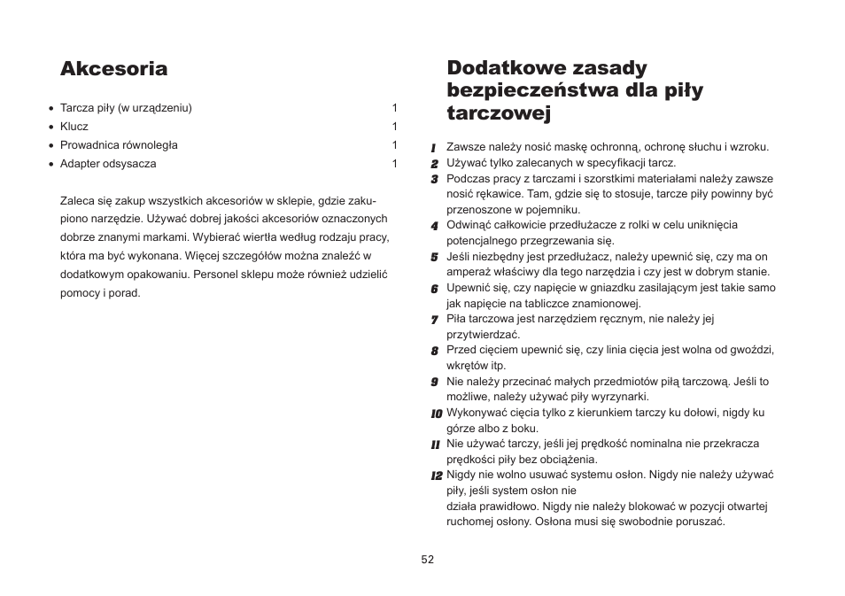 Dodatkowe zasady bezpieczeństwa dla piły tarczowej, Akcesoria | WORX Tools WU433 User Manual | Page 52 / 100