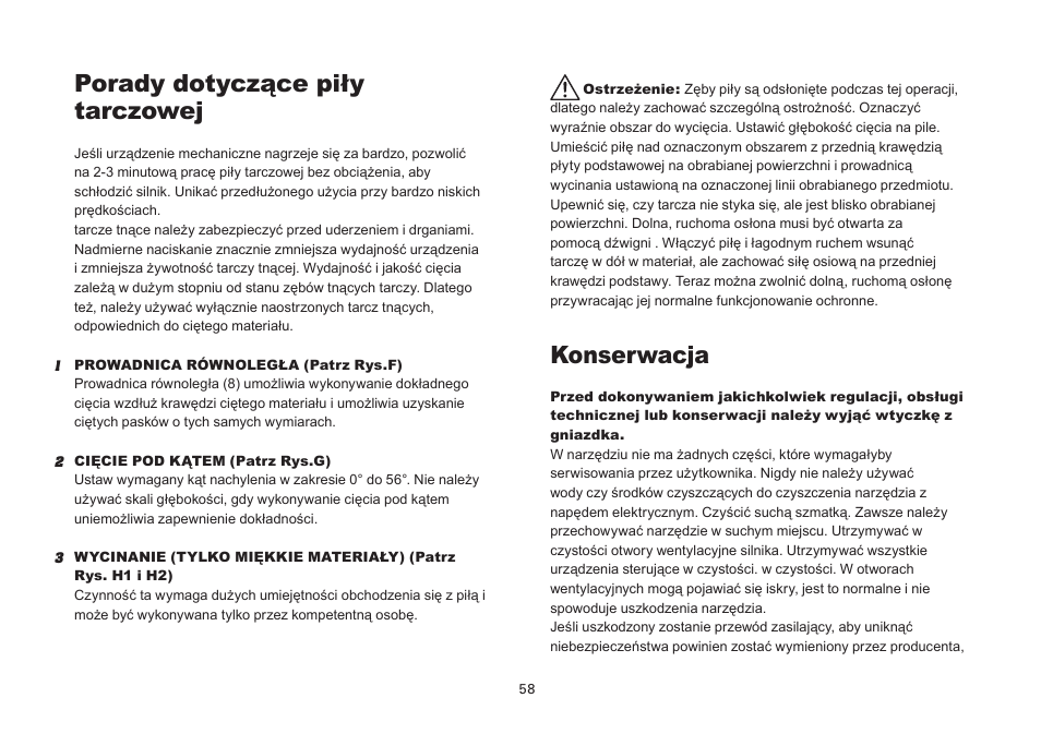 Porady dotyczące piły tarczowej, Konserwacja | WORX Tools WU433 User Manual | Page 58 / 100