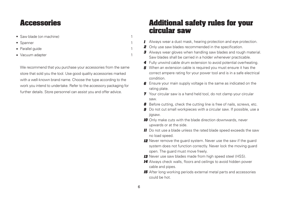 Additional safety rules for your circular saw, Accessories | WORX Tools WU433 User Manual | Page 6 / 100