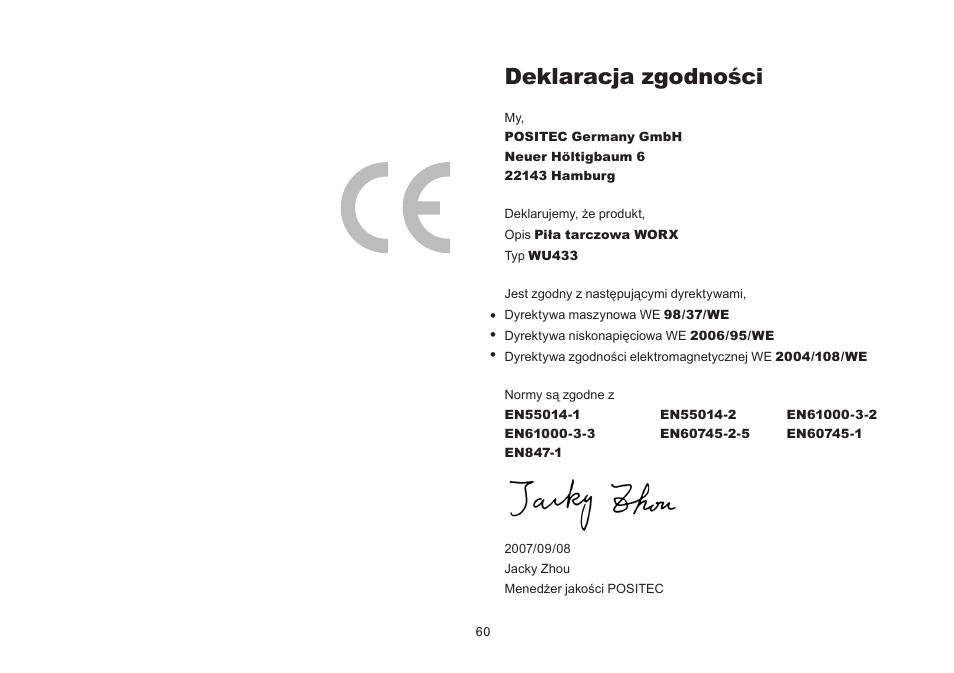 Deklaracja zgodności | WORX Tools WU433 User Manual | Page 60 / 100