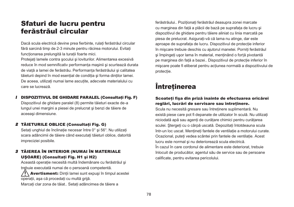 Sfaturi de lucru pentru ferăstrăul circular, Întreţinerea | WORX Tools WU433 User Manual | Page 78 / 100