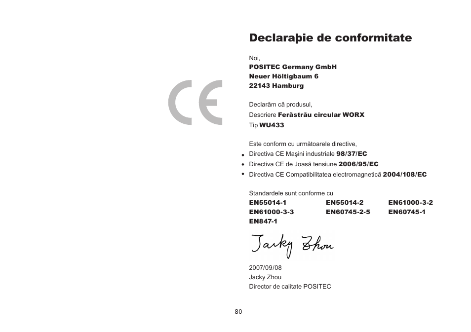 Declaraþie de conformitate | WORX Tools WU433 User Manual | Page 80 / 100