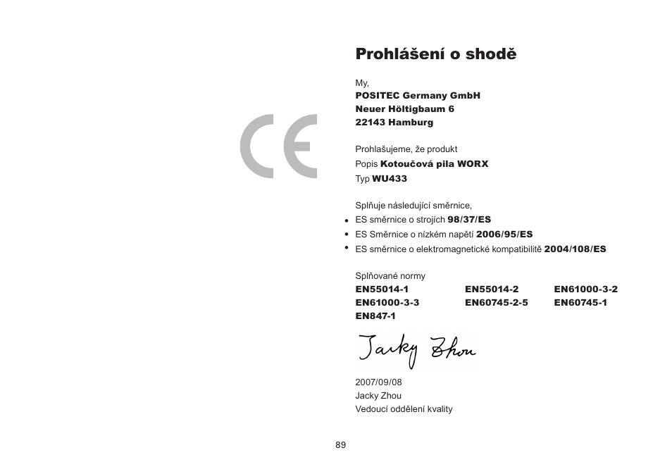 Prohlášení o shodě | WORX Tools WU433 User Manual | Page 89 / 100