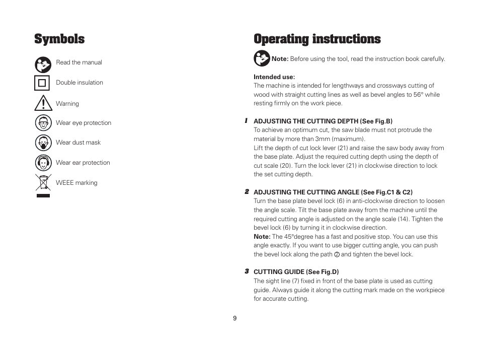 Symbols, Operating instructions | WORX Tools WU433 User Manual | Page 9 / 100