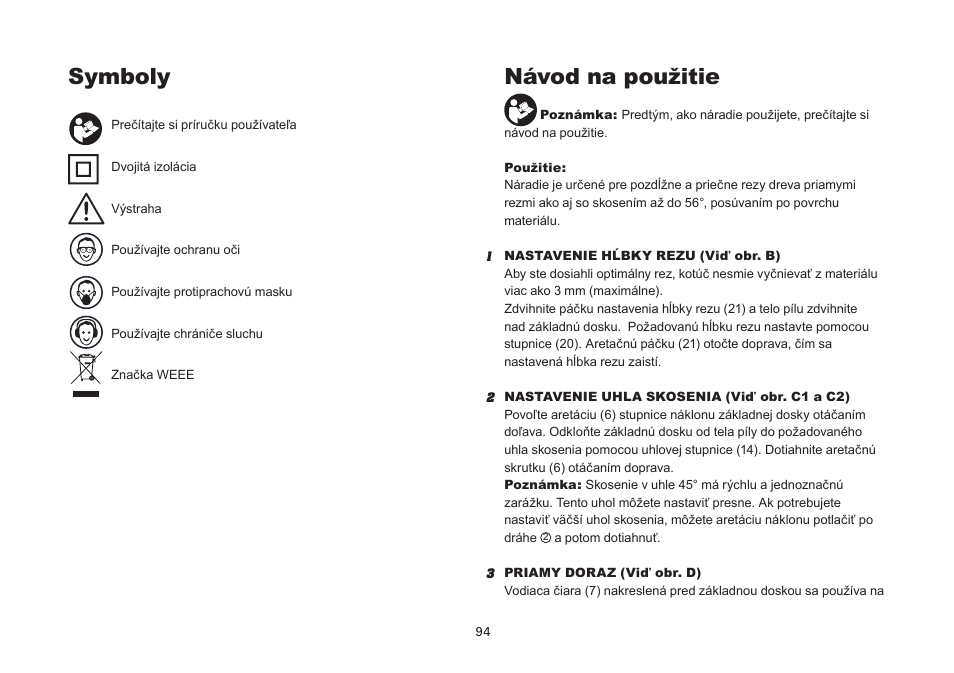 Symboly, Návod na použitie | WORX Tools WU433 User Manual | Page 94 / 100