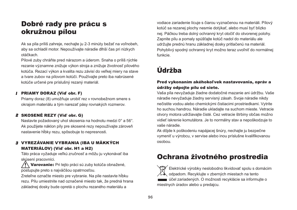 Dobré rady pre prácu s okružnou pílou, Údržba, Ochrana životného prostredia | WORX Tools WU433 User Manual | Page 96 / 100