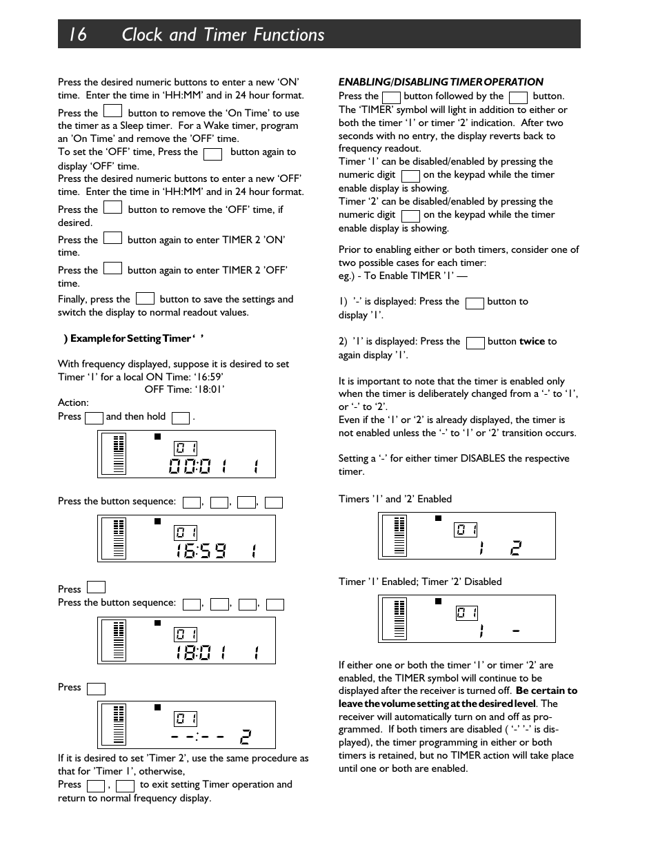 16 clock and timer functions, Button again to enter timer 2 'on' time. press the, And then hold | Press the button sequence, Press, Button followed by the, Timer '1' enabled; timer '2' disabled | Walter Drake SW8 User Manual | Page 22 / 34