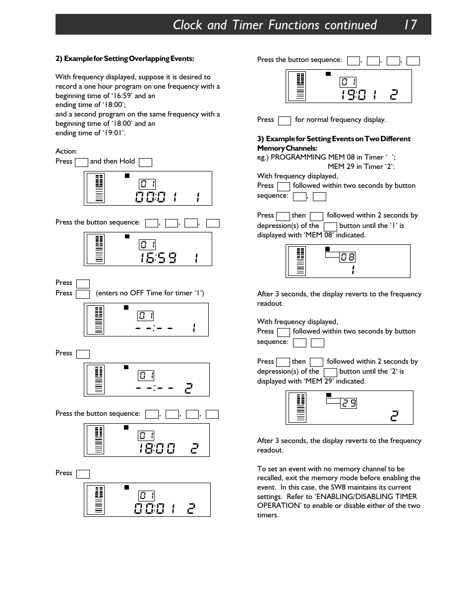 Clock and timer functions continued 17, And then hold, Press the button sequence | Press, Enters no off time for timer 1), Followed within two seconds by button sequence, Then, Followed within 2 seconds by depression(s) of the | Walter Drake SW8 User Manual | Page 23 / 34