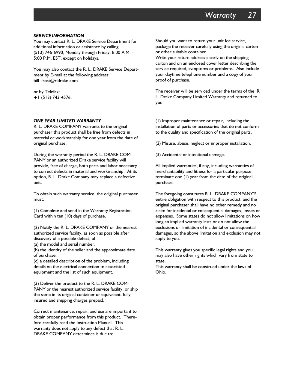 Warranty 27 | Walter Drake SW8 User Manual | Page 33 / 34