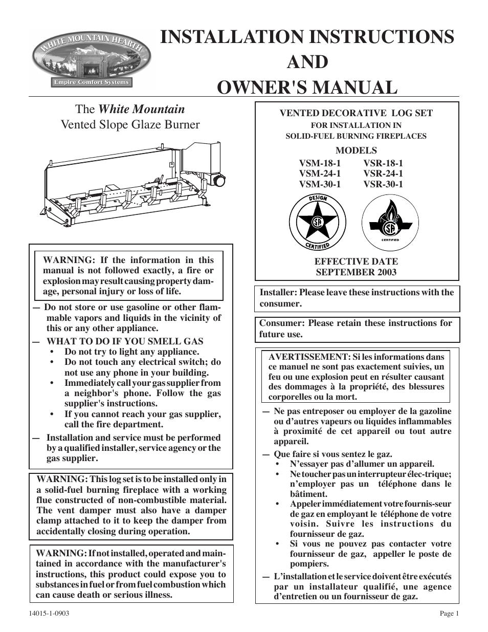 White Mountain VSR-18-1 User Manual | 20 pages