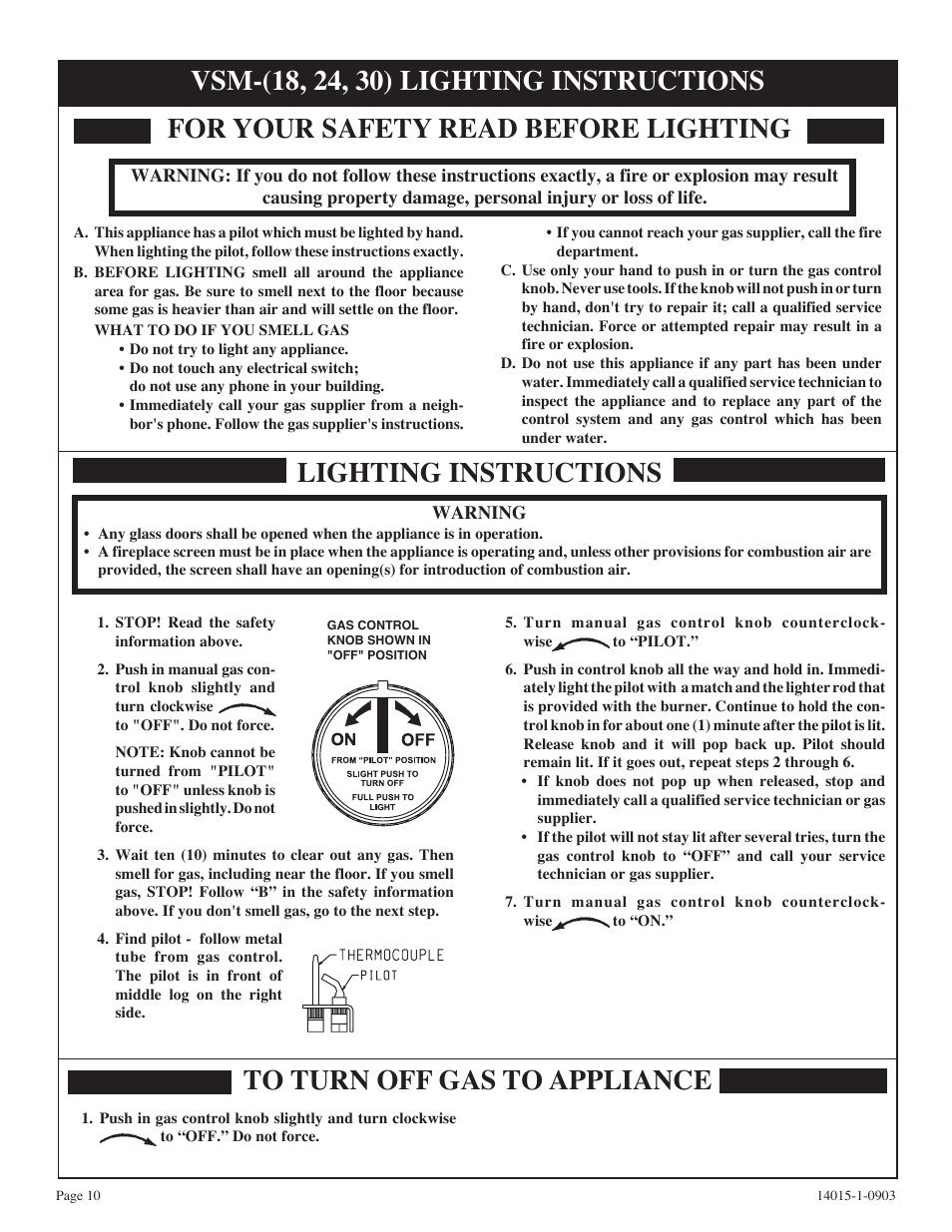 For your safety read before lighting, Lighting instructions to turn off gas to appliance | White Mountain VSR-18-1 User Manual | Page 10 / 20