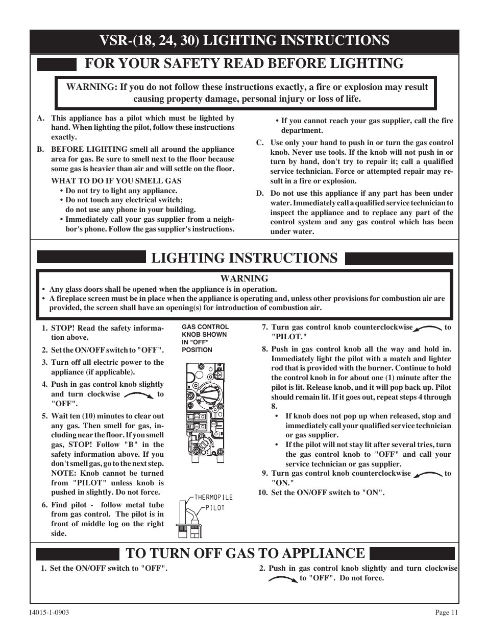 For your safety read before lighting | White Mountain VSR-18-1 User Manual | Page 11 / 20