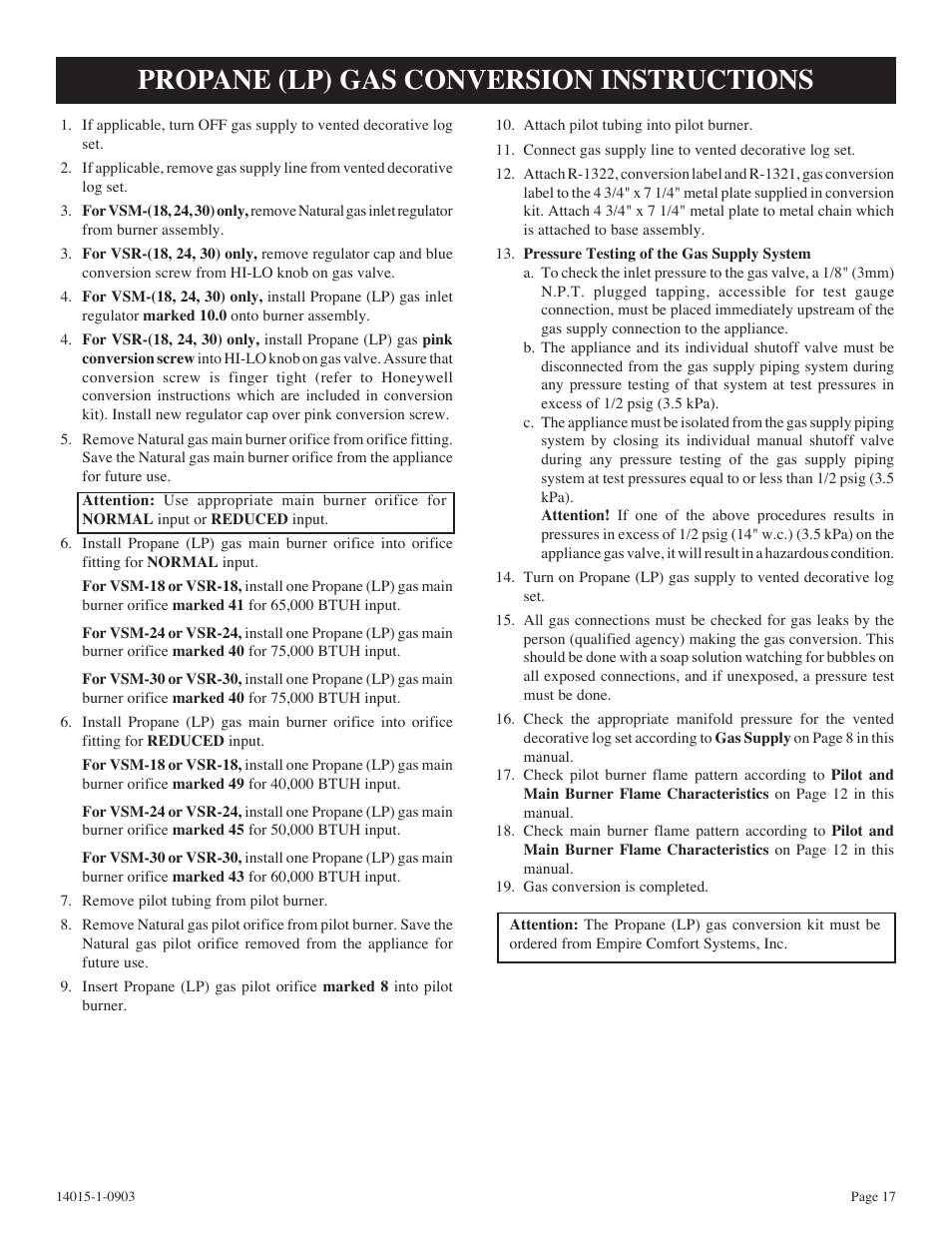 Propane (lp) gas conversion instructions | White Mountain VSR-18-1 User Manual | Page 17 / 20