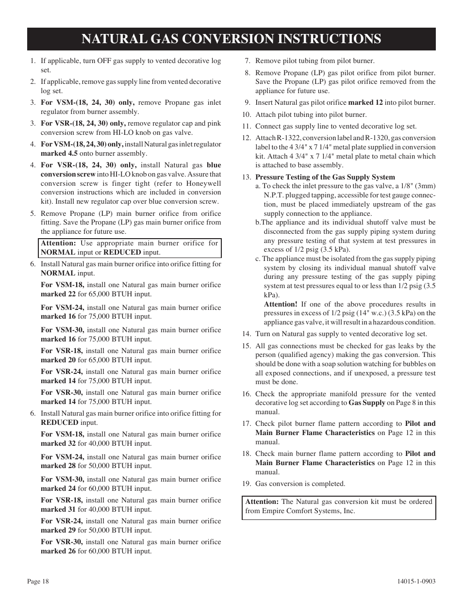 Natural gas conversion instructions | White Mountain VSR-18-1 User Manual | Page 18 / 20