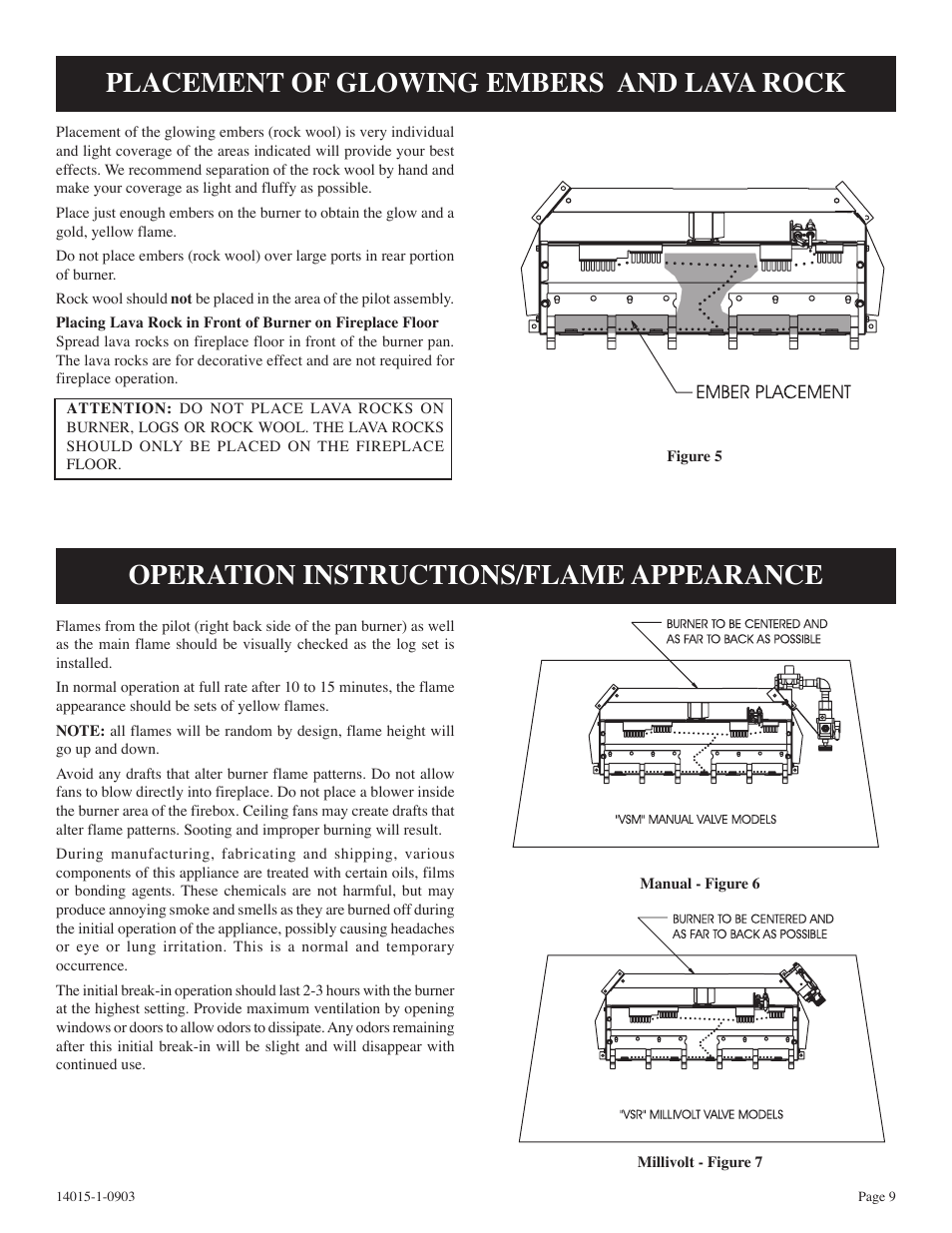 Placement of glowing embers and lava rock, Operation instructions/flame appearance | White Mountain VSR-18-1 User Manual | Page 9 / 20