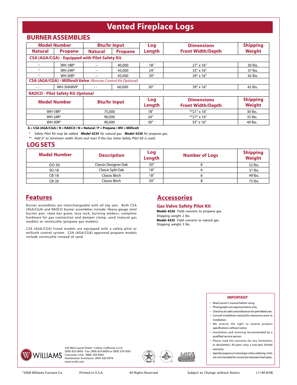 Vented fireplace logs, Burner assemblies, Accessories | Features log sets | Williams 4235 User Manual | Page 2 / 2