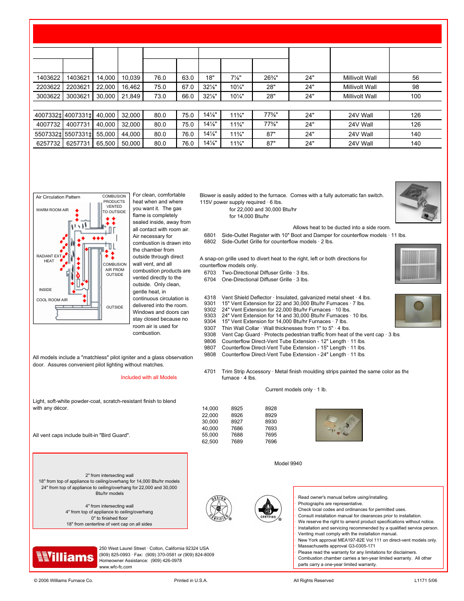 L1171 back sheet 2006.xls, Garage furnaces, Features | Accessories, Front diffusing grilles, Venting accessories, Finish items, Conversion kits, High altitude models hard wire adapter, Dimensions and clearances | Williams 8925 User Manual | Page 2 / 2