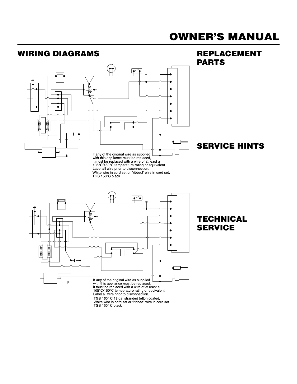 Owner’s manual, Wiring diagrams, Replacement parts technical service service hints | When gas pressure is too low, When gas quality is bad | Williams 4003532 User Manual | Page 19 / 28