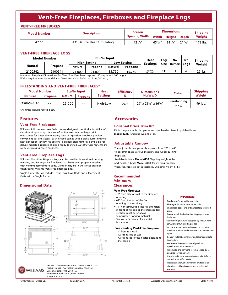 Vent-free fireplaces, fireboxes and fireplace logs, Features accessories | Williams 2100541 User Manual | Page 2 / 2