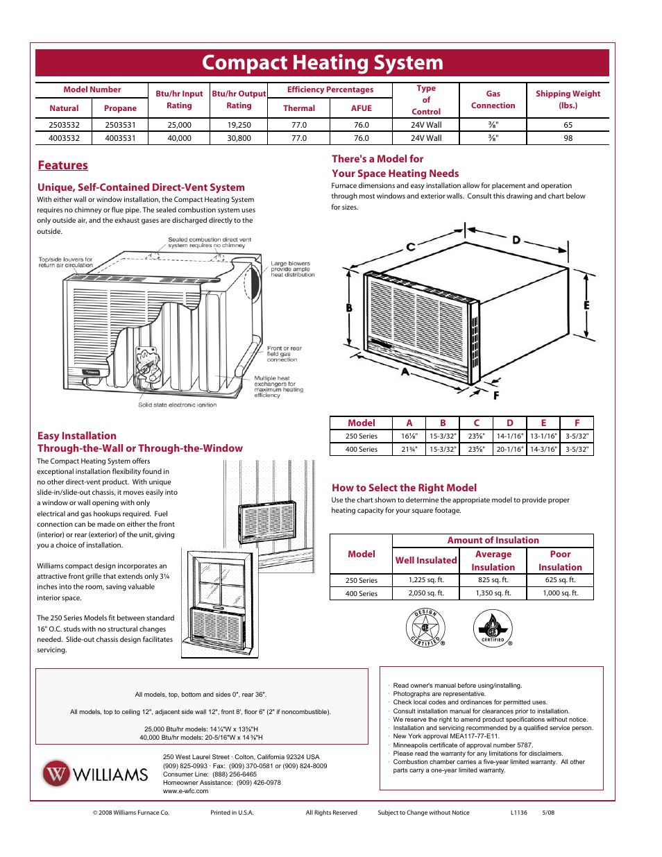 Compact heating system, Features, Easy installation | Through-the-wall or through-the-window, How to select the right model, Dimensions and clearances | Williams 250 Series User Manual | Page 2 / 2