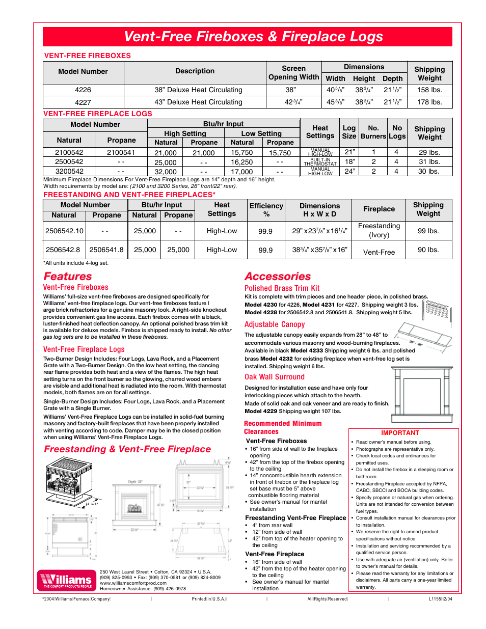 Vent-free fireboxes & fireplace logs, Accessories, Accessories features features | Freestanding & vent-free fireplace | Williams 2500542 User Manual | Page 2 / 2