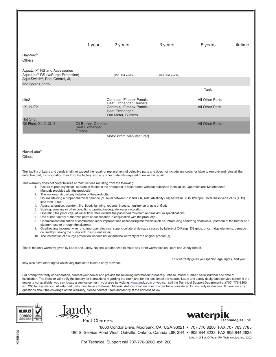 Limited warranty | Waterpik Technologies JANDY RAY-VAC H0555100 User Manual | Page 16 / 16