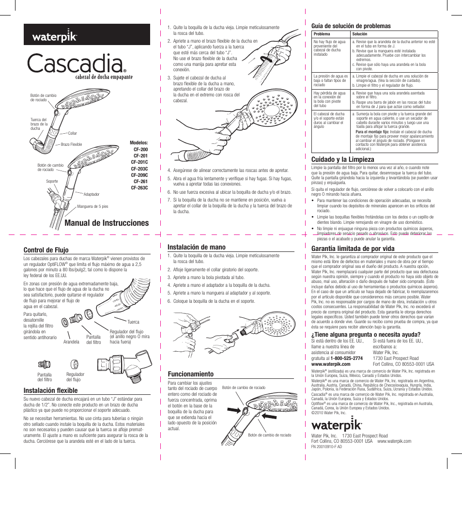 Manual de instrucciones, Funcionamiento, Control de flujo | Instalación de mano, Instalación flexible, Cuidado y la limpieza, Garantía limitada de por vida, Guía de solución de problemas, Tiene alguna pregunta o necesita ayuda | Waterpik Technologies Cascadia CF-203C User Manual | Page 2 / 2