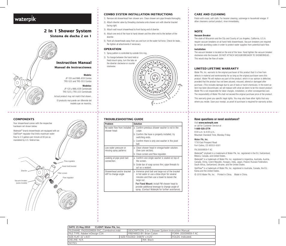Waterpik Technologies JP-120 User Manual | 2 pages