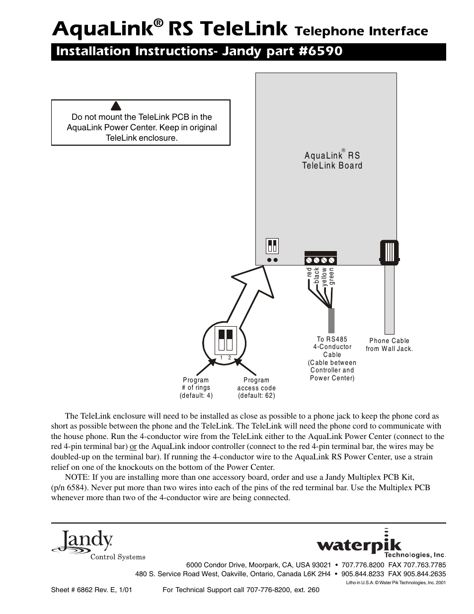 Waterpik Technologies AQUALINK RS485 User Manual | 1 page