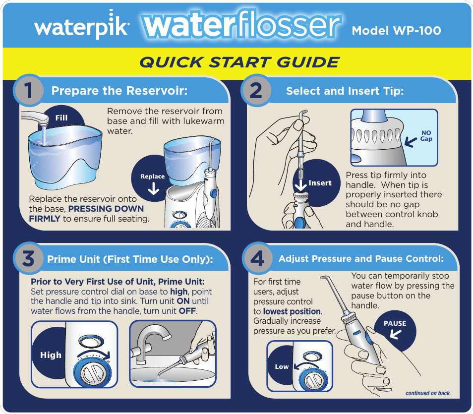 Waterpik Technologies WP-100 User Manual | 2 pages