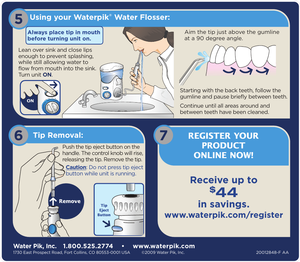 Quick start guide, Receive up to, Register your product online now | Back, Radius: .125” front | Waterpik Technologies WP-100 User Manual | Page 2 / 2
