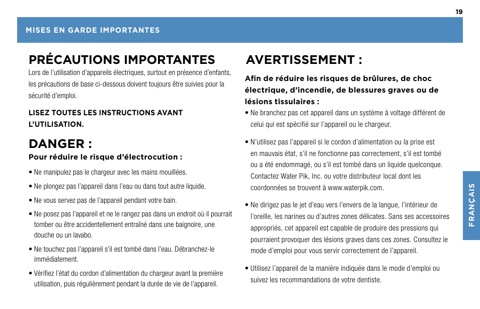 Précautions importantes, Danger, Avertissement | Waterpik Technologies WP-450 User Manual | Page 19 / 48