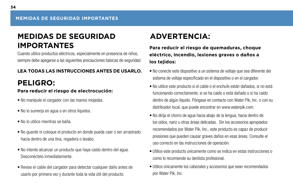 Medidas de seguridad importantes, Peligro, Advertencia | Waterpik Technologies WP-450 User Manual | Page 34 / 48