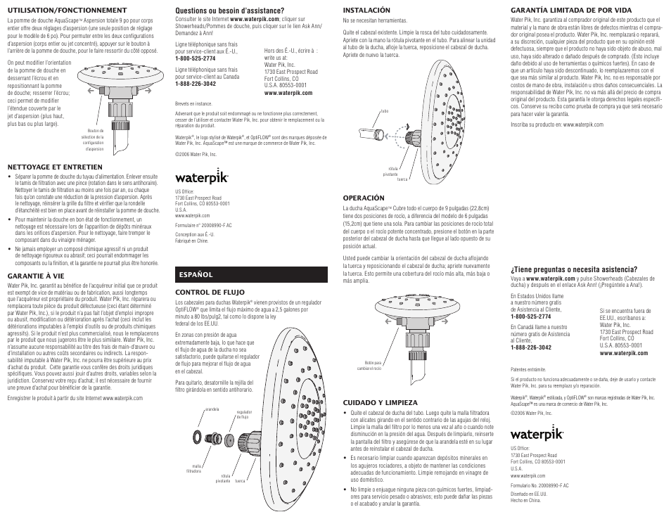 Waterpik Technologies Total Body Showerhead AquaScape User Manual | Page 2 / 2