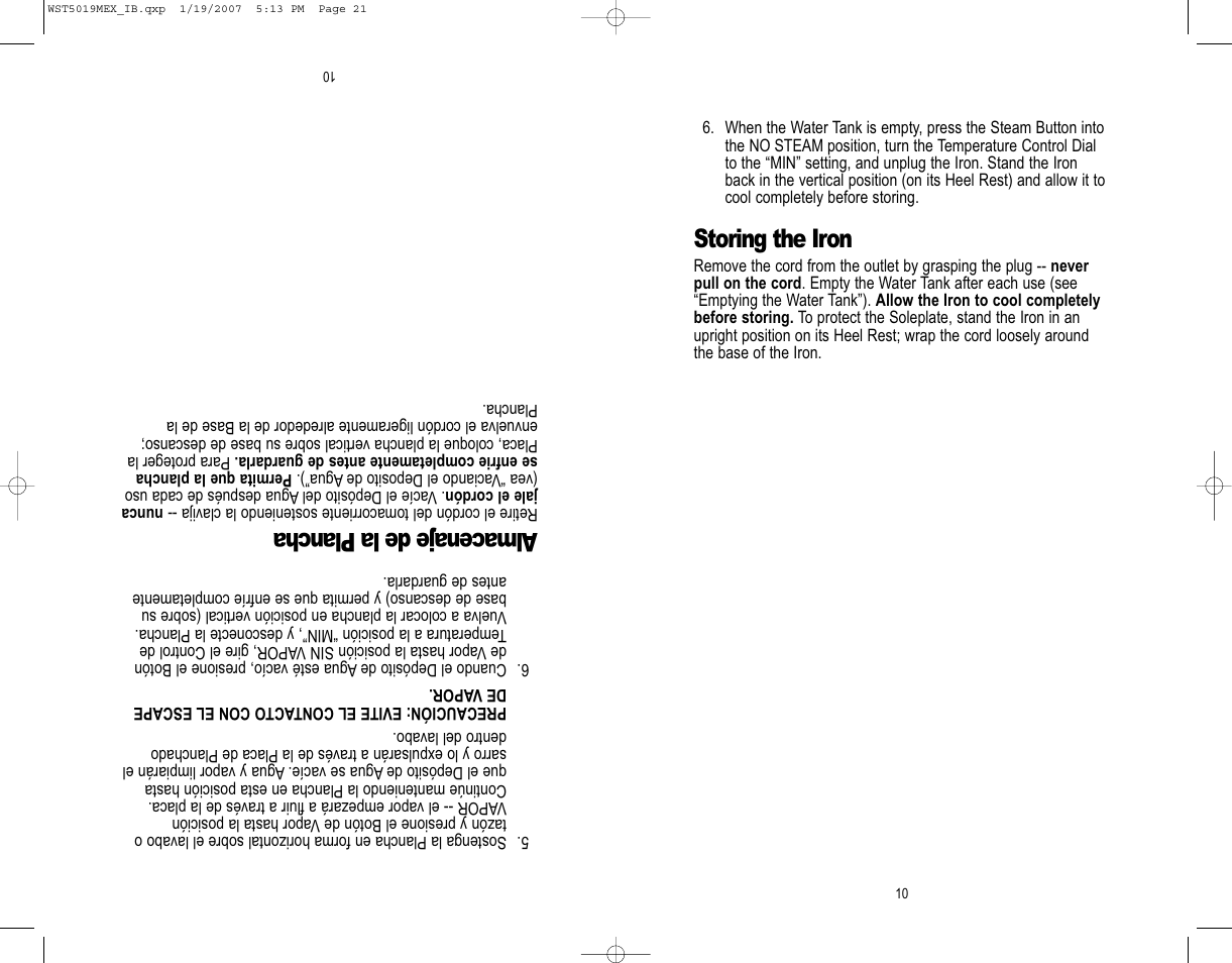 Almacenaje de la plancha, Storing the iron | Westinghouse WST5019MEX User Manual | Page 11 / 12