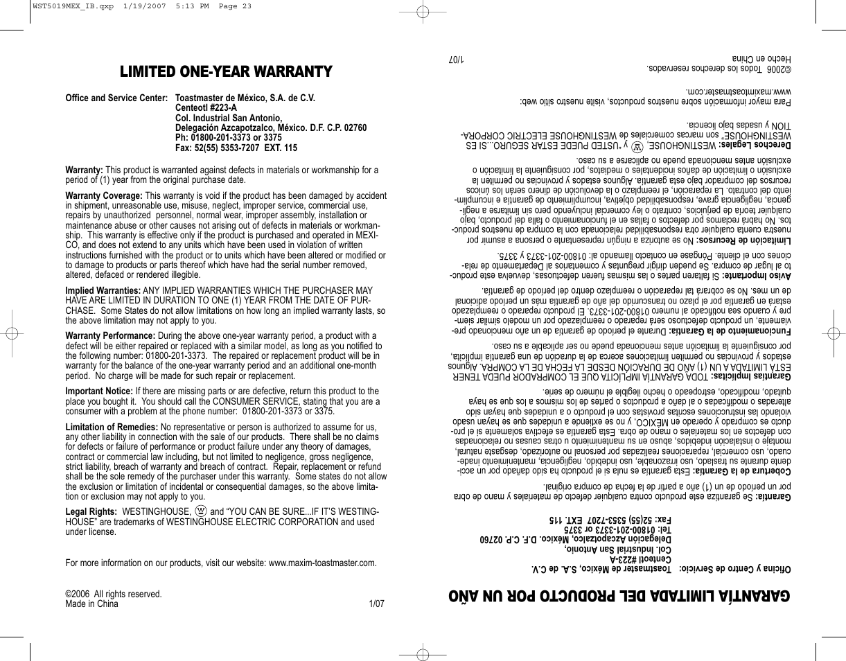 Limited one-year warranty, Garantía limitad a del product o por un año | Westinghouse WST5019MEX User Manual | Page 12 / 12