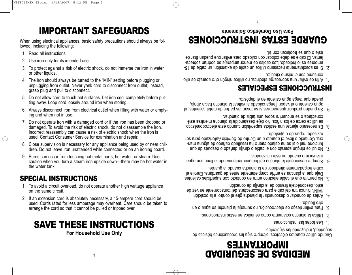 Medidas de segurid ad import antes, Guarde est as instrucciones, Important safeguards | Save these instructions, Instrucciones especiales, Special instructions | Westinghouse WST5019MEX User Manual | Page 2 / 12