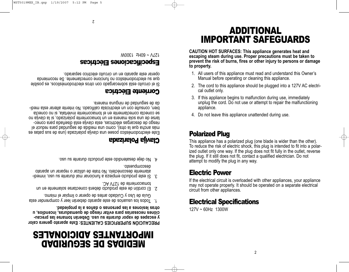 Additional important safeguards, Medidas de segurid ad import antes adicionales, Polarized plug | Electric power, Electrical specifications, Clavija p olarizada, Corriente eléctrica, Especificaciones eléctricas | Westinghouse WST5019MEX User Manual | Page 3 / 12