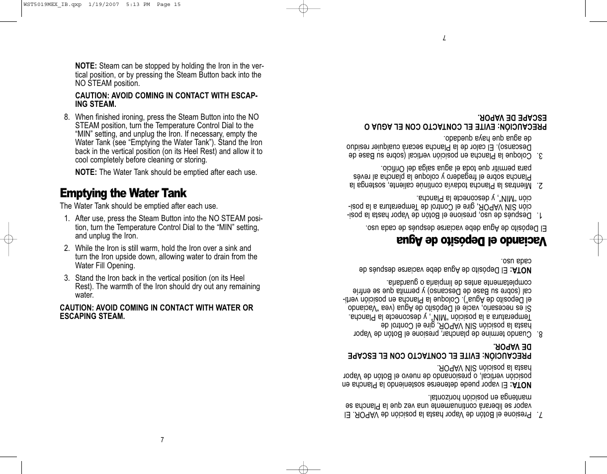 Vaciando el depósito de agua, Emptying the water tank | Westinghouse WST5019MEX User Manual | Page 8 / 12