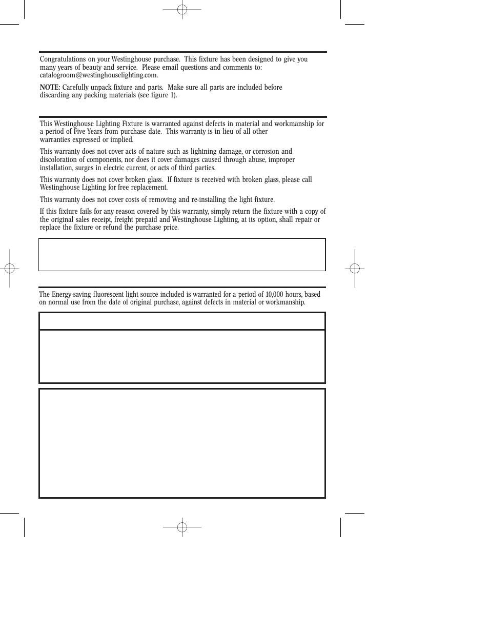 Assembly instructions for outdoor light fixture, Fixture warranty information, Lamp warranty information | Westinghouse replacement lamp information | Westinghouse W-261 User Manual | Page 2 / 12